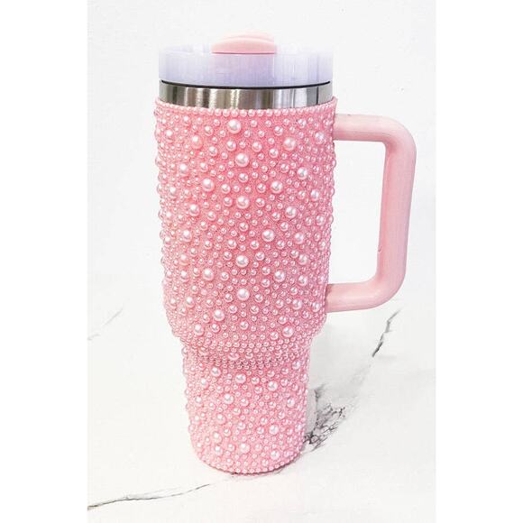 40 oz Pink Pearl Studded Stainless Steel Tumbler with Handle - Picture 2 of 4